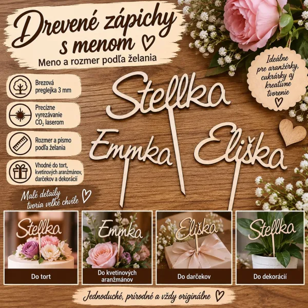 Drevený zápich do torty s menom – jednoriadkový 