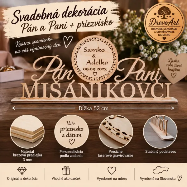 Drevená svadobná dekorácia Pán a Pani s priezviskom