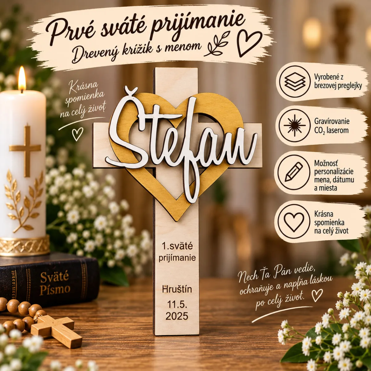Krížik na 1. sväté prijímanie so srdiečkom a menom