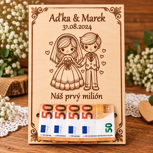 Svadobná tabuľka na peniaze s menami novomanželov